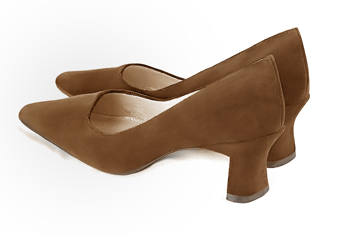 Caramel brown women's dress pumps,with a square neckline. Tapered toe. Medium spool heels. Rear view - Florence KOOIJMAN